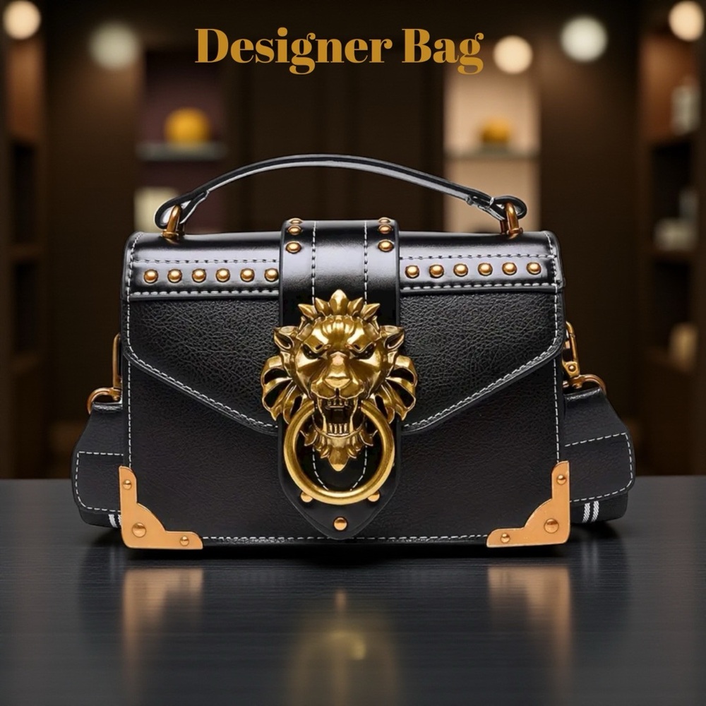 Vintage Gold Lion Black Leather Designer Handbag/Crossbody Bag
